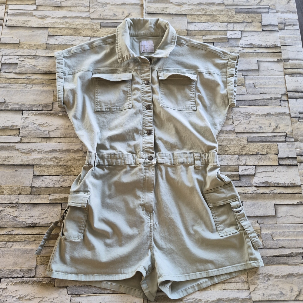Celebrity Pink Short Sleeve Utility Romper in Light Sage Green